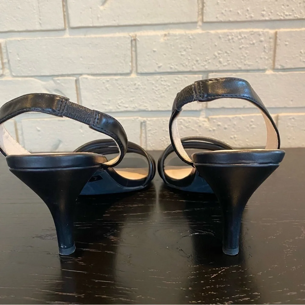 H Halston Hong Kong Sling Back Leather Heels Sandals Shoes BLACK 8.5 Square Toe